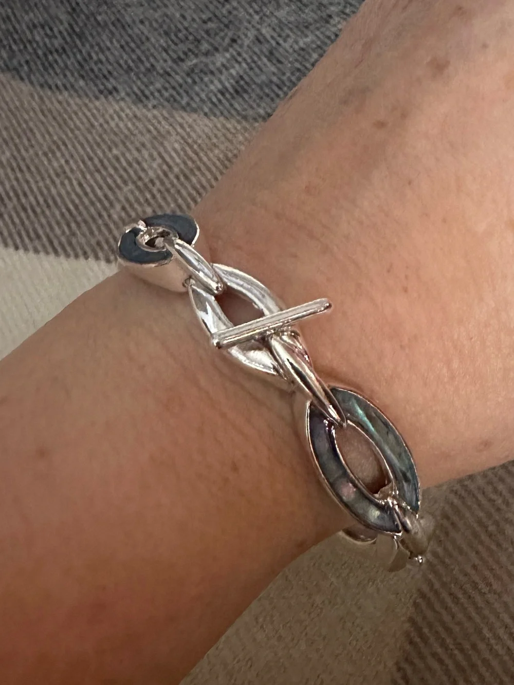 Silver Chain Necklace and Bracelet Set with Mother of Pearl Style Marbled Links
